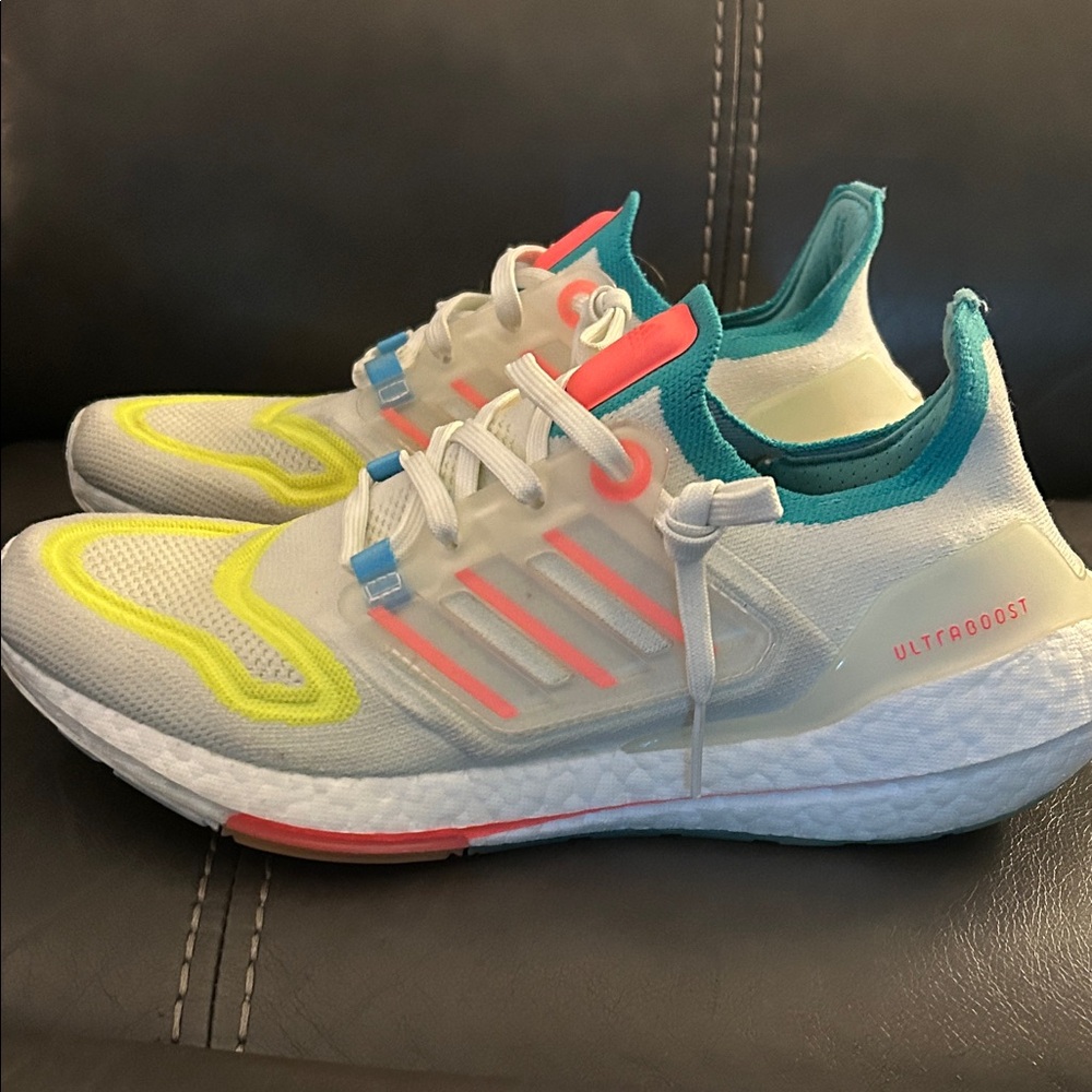 Adidas Ultraboost White with Neon Yellow and Coral